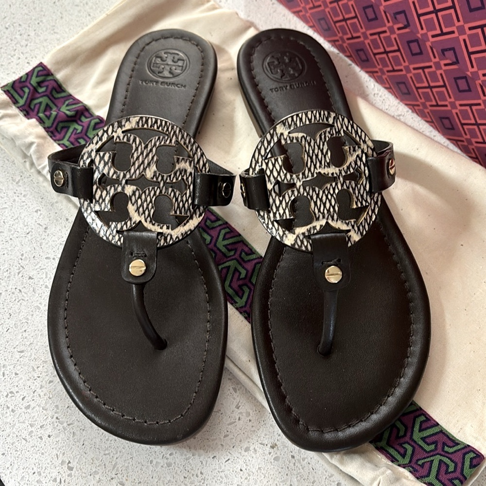 Tory Burch Dark Brown and Off White Sandals